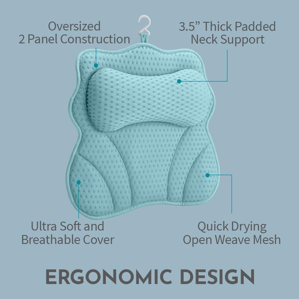 WONDERfoam Thick Padded Ergonomic Bath Pillow for Tub, Bathtub Headrest Neck and Back Support, Strong Suction Cups, Machine Washable Breathable Mesh Quick Dry Pillows, Luxury Spa Accessories, Blue