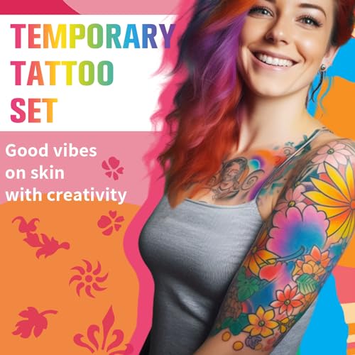 Temporary Tattoo Markers for Skin,15PCS Dual-Ended Tattoo Pen + 50 Paint Stencils + 43 Tattoos Stickers,Glitter & Matte & Neon Glow Body Marker Set, Removable Fake Tattoos Kit for Teens and Adult