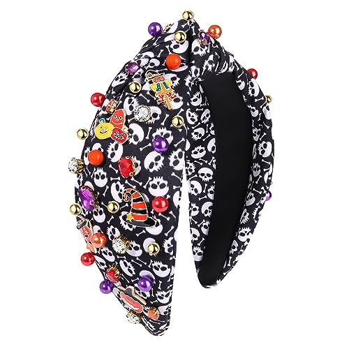 Halloween Headbands Halloween Knotted Headband for Women Pumpkin Witch Hat Charms Crystal Embellished Skull Print Wide Top Knot Hairband