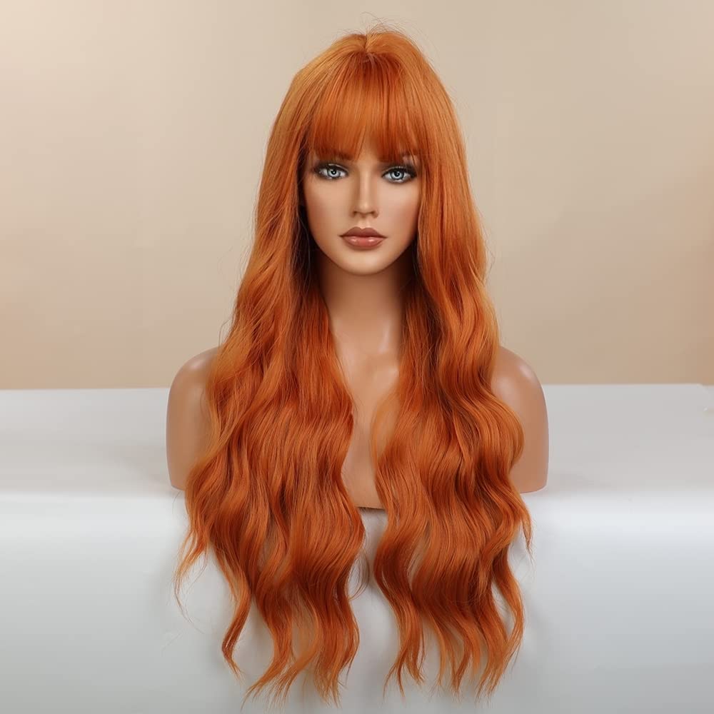 LANOVA Orange Wigs with Bangs, Halloween Wigs for Women, Long Curly Cosplay Wig, Synthetic Wig Orange Hair Wig 24 inch LANOVA-157