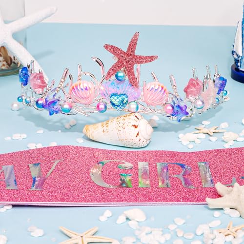 GAFATORY Pink Mermaid Crown and Sash for Women Birthday Crown and Sash for Birthday Girl Mermaid Adult Crown Ocean Theme Mermaid Birthday Decoration Birthday Gift Seashell Fishtail Crown Halloween