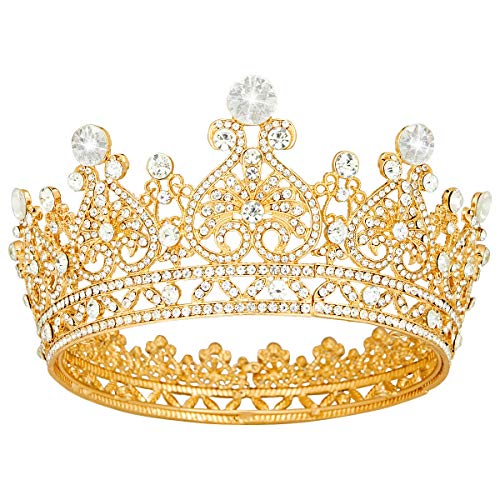 Vofler Crown Gold Tiara for Women Queen-Round Crystal Rhinestone Hair Jewelry Decor Toddler for King Ladies Girls Bridal Bride Princess Quinceanera Birthday Wedding Pageant Halloween Costume Party