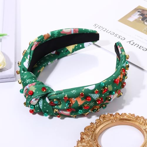 FAERLIIRY Christmas Headband, Fabric Hairband for Women with Crystal Knotted Top Knot, Christmas Hair Accessories (Christmas-Green, 1 Count)