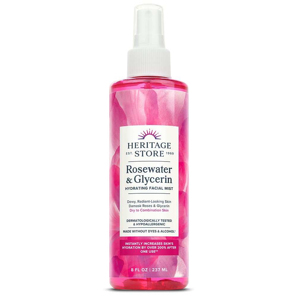 Heritage Store Rosewater & Glycerin Hydrating Facial Mist - Alcohol-Free Spray for Dry Skin, 8 Fl Oz