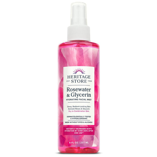 Heritage Store Rosewater & Glycerin Hydrating Facial Mist - Alcohol-Free Spray for Dry Skin, 8 Fl Oz