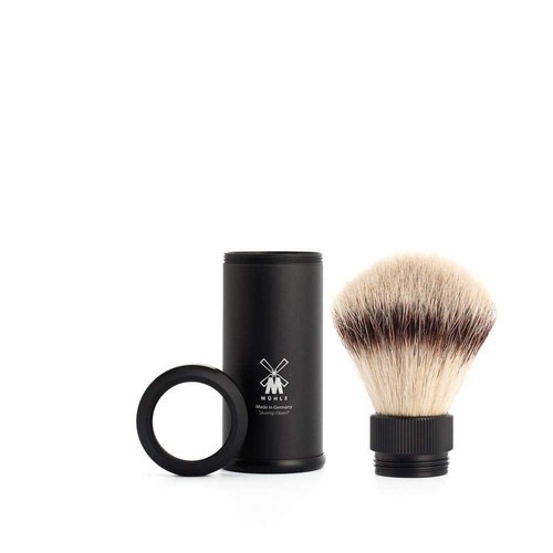 MÜHLE Travel Shaving Brush - Portable Black Aluminum Silvertip Fibre for Luxury Shaving Experience