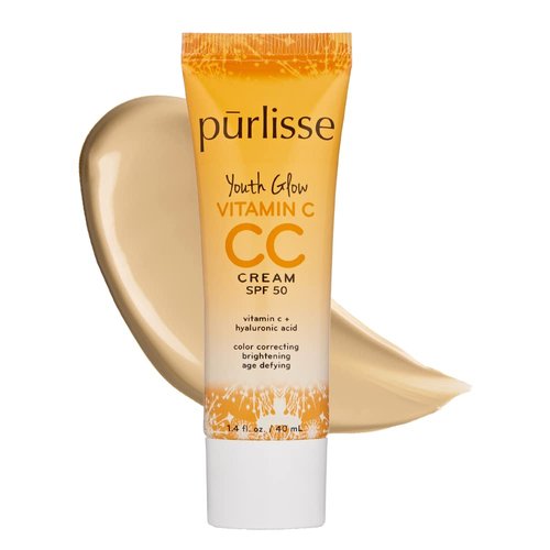 Pūrlisse Youth Glow Vitamin C CC Cream with SPF 50 - Radiance Boosting Color Corrector with Sea Buckthorn & Hyaluronic Acid - Light Medium (1.4 oz)