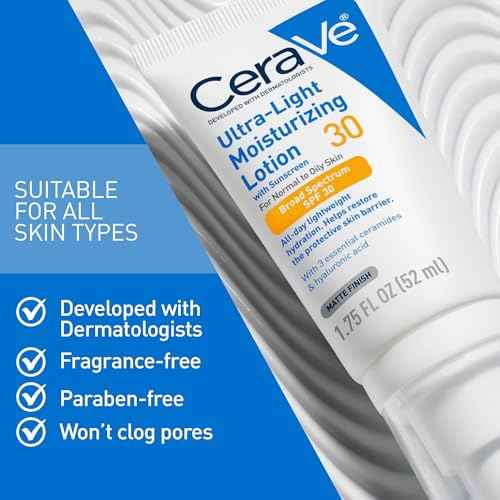 CeraVe Ultra-Light Moisturizing Lotion With SPF 30, Daily Face Moisturizer with SPF, Formulated with Hyaluronic Acid & Ceramides, Broad Spectrum SPF, Oil Free, Matte Finish, 1.7 Ounce