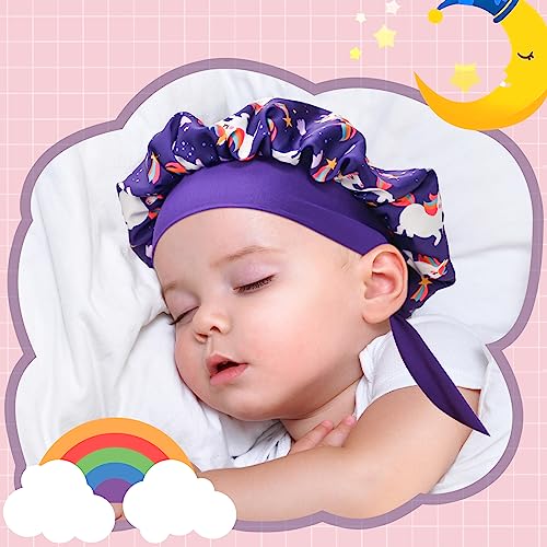 Lolalet 2 PCS Kids Bonnets for Girls, Reversible Silk Bonnet for Sleeping Satin Bonnet Cap with Wide Elastic Band -Purple & Pink