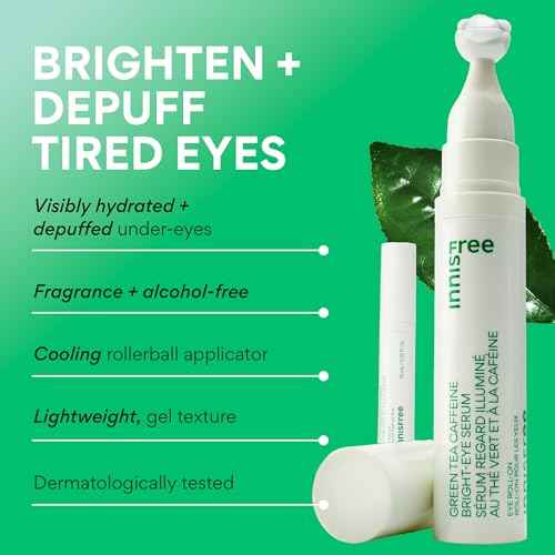 Innisfree Green Tea Caffeine Depuffing Eye Serum with Niacinamide, Cooling Korean Eye Roll-On for Hydration and Brightening