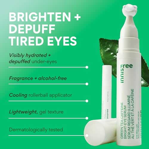 innisfree Green Tea Depuff + Hydrate Duo, Green Tea Caffeine Eye Serum + Green Tea Hyaluronic Cream, Korean Skincare with Eye Roll On and Cream for Hydrated, Glowing Skin