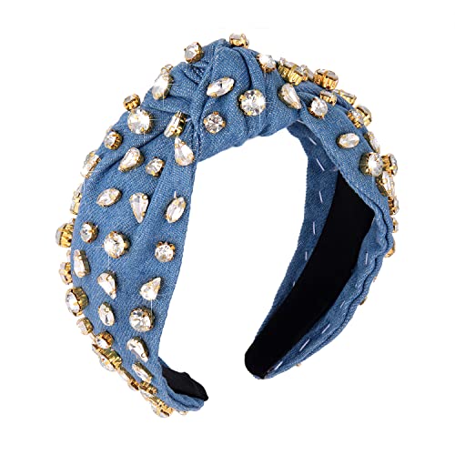 Crystal Velvet Headband Cross Knotted Turban Headdress Colorful rhinestone Statement Wide Hair Band Hoop Accessories For Women Girls (Blue)