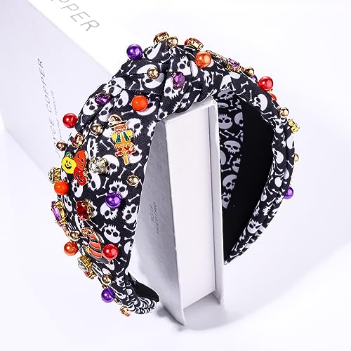 Halloween Headbands Halloween Knotted Headband for Women Pumpkin Witch Hat Charms Crystal Embellished Skull Print Wide Top Knot Hairband