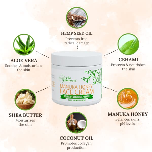 Wild Naturals Manuka Honey Face Cream - Soothing Moisturizer for Dry & Sensitive Skin | Hydrating Relief for Face, Hands & Body