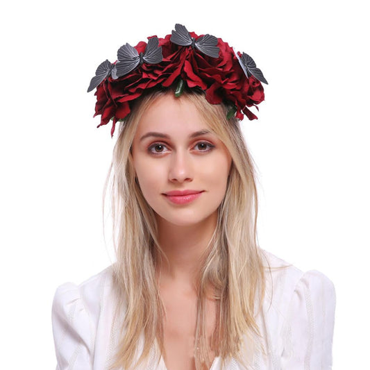 Flower Crown Headband Halloween Gothic Red Rose Floral Hair Wreath Tiara Queen Bridal Headpieces Hair Hoop for Women Girls