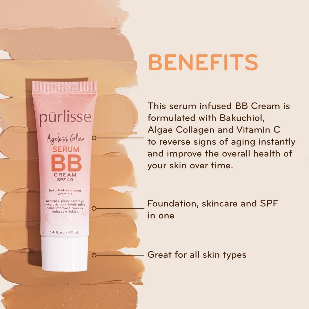 Purlisse Ageless Glow Serum BB Cream SPF 40 - Glow BB Cream with SPF Enriched with Bakuchiol & Vitamin C to Help Improve Firmness & Reduce Wrinkles for Dewy Skin - Light Medium (1.4 oz)