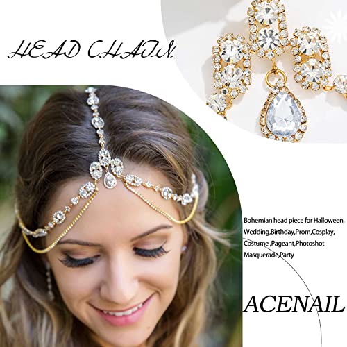 Acenail Rhinestone Head Chain Hair Jewelry Wedding Bride Headpieces Gold Headbands Women Head Jewelry Boho Hair Chains Bridal Halloween Hair Accessories (Gold)