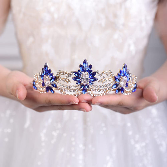 JWICOS Rhinestone Tiara for Women Crystal Queen Crown Wedding Bridal Party (Blue)