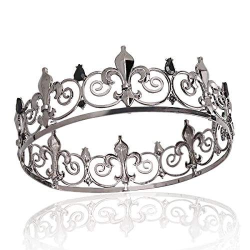 Royal Full King Crown Metal Crowns And Tiaras For Men Cosplay Wedding Prom Party Decorations Crown Headpieces Accessories (Black)