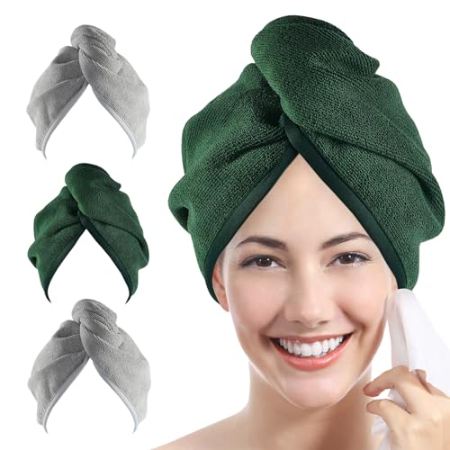 Ultra Plush Microfiber Hair Towel Wrap for Women, 3 Pack 10 inch X 26inch Purple, Ultra Absorbent Twist Hair Turban Drying Cap Hair Wrap, For Drying Curly, Long & Thick Hair (2Gray+1Emerald)