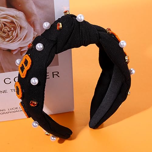 NVENF Halloween Headband Accessories for Women Crystal Pearl Knotted Headband Embellished Beaded Pumpkin Candy Corn Boo Headbands Rhinestone Jeweled Wide Top Knot Headband Costume Party Favors (BOO)