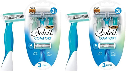 BIC Soleil Comfort 4-Blade Disposable Razors for Women Sensitive Skin Razor for a Smooth and Close Shave, 3 Piece Razor Set (Pack of 2)