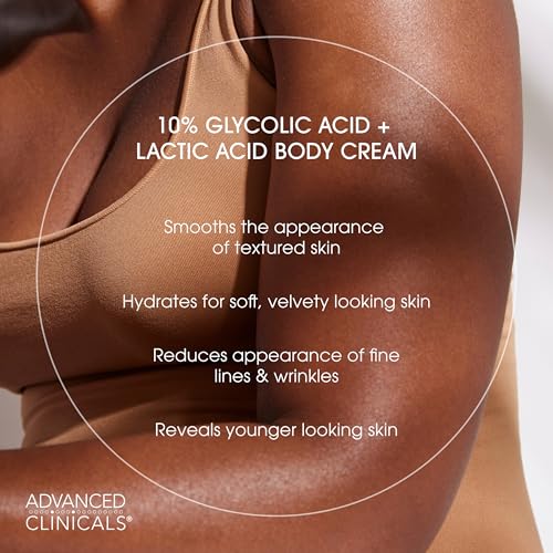 Advanced Clinicals 10% Glycolic Acid + Lactic Acid Lotion Exfoliant Moisturizing Cream With Hyaluronic Acid Moisturizer | AHA Exfoliating Body Cream Improves Look Of Uneven Rough Skin Texture, 16 Oz