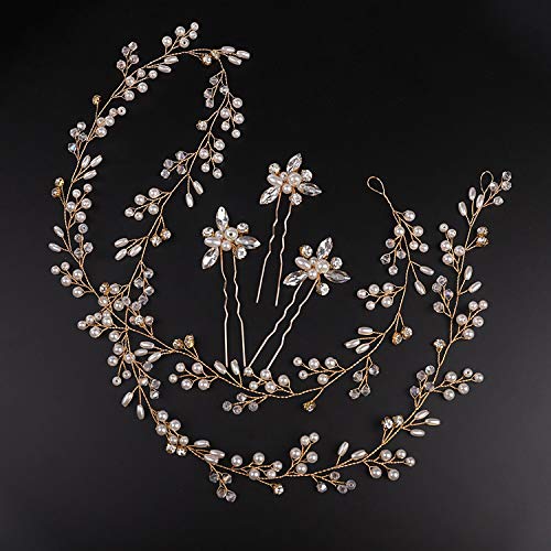 Denifery Bridal Hair Vine Wedding Head Piece (Gold, Extra Long Pearl and Crystal Beads, Headband, Women, 1 Count, 1 Piece, 0.07 pounds, Gold Color, Adult Occasion, Wire Material, Hair Styling)