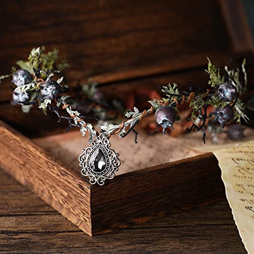 MOSTORY Woodland Elven Circlet Dark Fairy Thorn Crown Goddess Headpiece Blueberries Crystal Headband Elf Forest Hair Wreath for Women Girls Thanksgiving Christmas Cosplay Easter Wedding Birthday