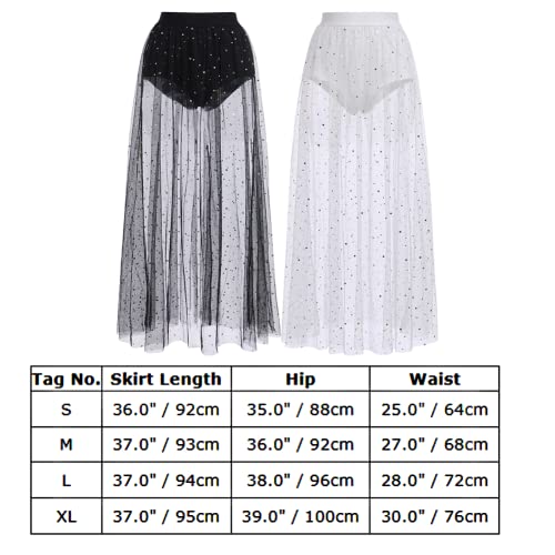 Women's Sheer Mesh 2 in 1 Glitter Sequin Elasticized High Waist A Line Party Maxi Skirt Sparkle Galaxy Sequin Tulle Cover ups Festival Outfits Costume White Stars S