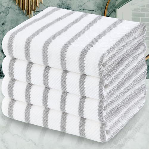 Grey and White Bath Towels (4PC, Large 30"x56") - Cotton | Hotel Quality | Lightweight | Thick | Soft | Absorb, Striped Towels for Bathroom, Quick Dry Towel for Shower, Gray and White Stripe