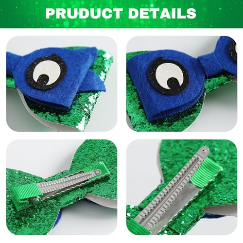 Turtle Inspired Hair Bow Clips 4 Inch Green Sequins Bowknot Halloween Costume Accessories Blue