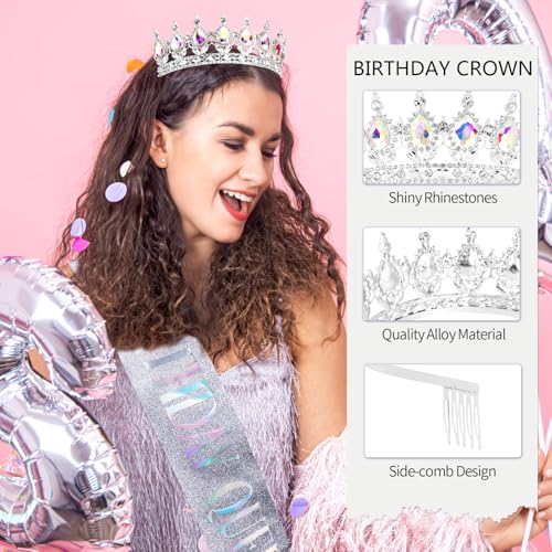 Vovii Birthday Crown & Sash Set for Women, AB Rhinestone Tiara & Birthday Queen Sash for Women Birthday Decorations, Happy Birthday Party Decorations for Birthday Crown Adult Woman