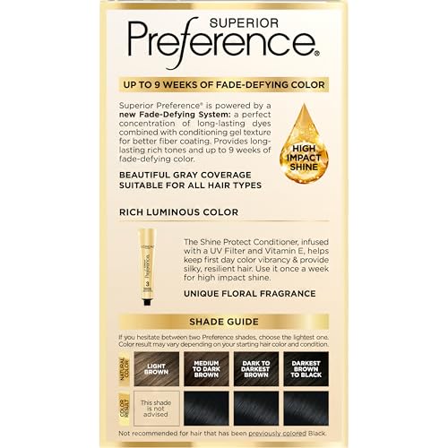 L'Oreal Paris Superior Preference Luminous Fade-Defying Permanent Hair Color, Hair Dye For Up to 9 Weeks of Radiance, Natural Black 2, 1 Hair Dye Kit