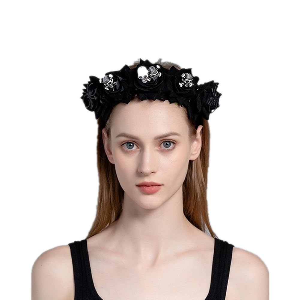 Halloween Skull Floral Crown Headband Mexican Day of the Dead Costume Gothic Rose Flower Garland Headwear Hair hoop for Women