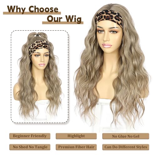 SAPPHIREWIGS Brown Headband Wigs Synthetic Long Loose Wavy Hair Mix Light Brown Hair Glueless Headband Wigs Body Wave Wigs for Women Half Wigs with Headbands Attached Daily Use 26 Inch