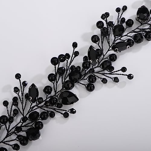 Teyglen Bridal Black Rhinestone Crystal Hair Vine Black Crystal Headband Hair Accessories for Bride Handmade Black Beads Hair Piece Boho Pearl Crystal Headpiece for Women Girl Party Prom (Black)