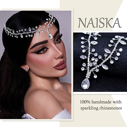 NAISKA Crystal Head Chain Bride Wedding Headband Teardrop Headpiece Bridal Forehead Hair Chain Rhinestone Headpieces Jewelry Prom Costume Hair Accessories for Women and Girls(Silver)