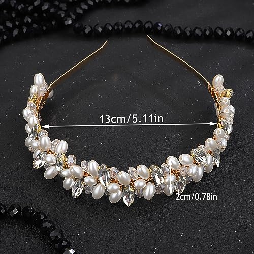 Teyglen Pearl Bride Wedding Headband Bridal Crystal Rhinestone Beads Headband Gold Silver Crystal Headpiece Elegant Hair Hoop Band Wedding Hair Accessories for Women Girls (Gold)