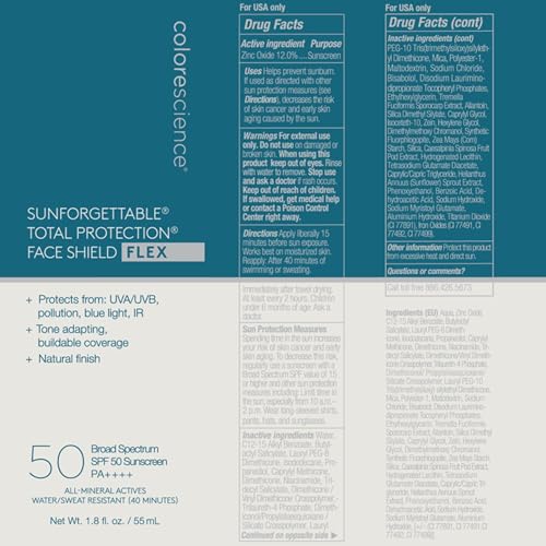 Colorescience Total Protection Face Shield Flex SPF 50, Zinc Oxide Formula, Fair, 1.8 fl. oz (Pack of 1)