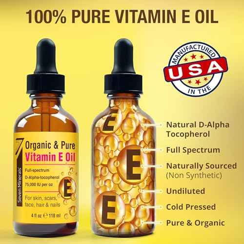 Seven Minerals Ultra Pure Vitamin E Oil - 75,000 I.U. Full-Spectrum D-Alpha Tocopherol, 1 Fl Oz - 100% Organic Vitamin E Oil for Skin, Face, Hair, and Scars - Naturally Occurring = Not Synthetic