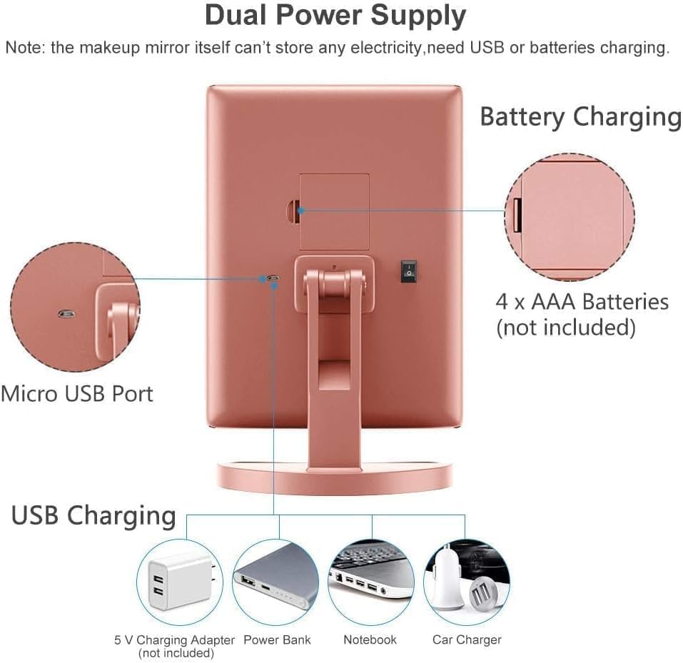 WEILY Makeup Mirror with 21 LED Lights,Two Power Supply Modes, Adjustable Touch Screen and 1x/2x/3x Magnification Tri-Fold Vanity Mirror,Chargeable Travel Cosmetic Mirror for Desktop(Rose Pink)