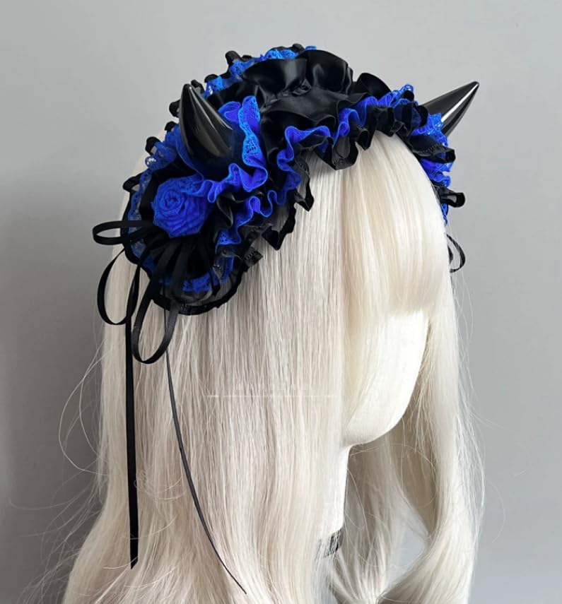 CoBtee Gothic Lolita Headdress Lace Devil Horns Cosplay Headbands Hair band Hair Accessories Headwear Halloween Party (blue/devil horns)