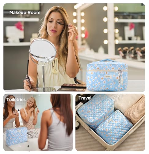HBselect Quilted Makeup Bag, 3PCS Cotton Large Travel Makeup Bag, Cute Floral Coquette Make up Bag Cosmetic Bag Toiletry Bag for Women Girls