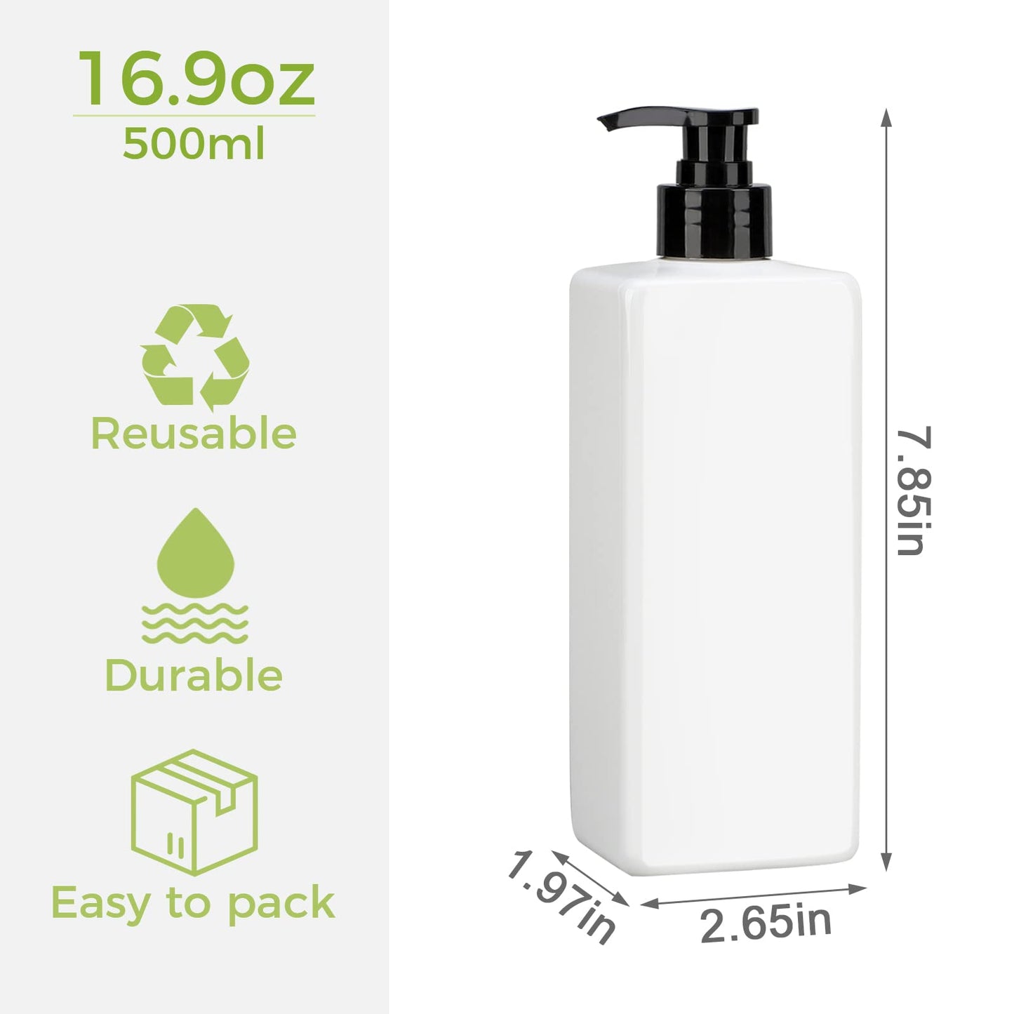 Suream 3Pack Empty Plastic Bottles with Pump, 16.9oz Refillable Shampoo Bottles for Shower, Lotion Press Dispenser, White Countertop Container for Shampoo, Conditioner, Body Soap, Hand Sanitizer, Oil