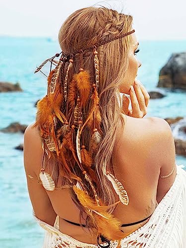 GENBREE Boho Feather Headband Gypsy Headpiece Bohemian Hippie Headbands Indian Hair Band Long Feather Hair Accessories for Women (Pattern 1)