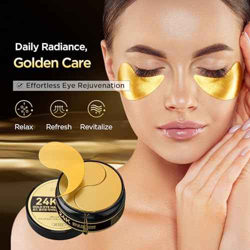 24k Gold Under Eye Patches - Firming, Glowing & Hydrating Hydrogel Mask for Puffy Eyes, Dark Circles, Wrinkles, Eye Bags Treatment, Gifts for Women and Men, 60Pcs Black