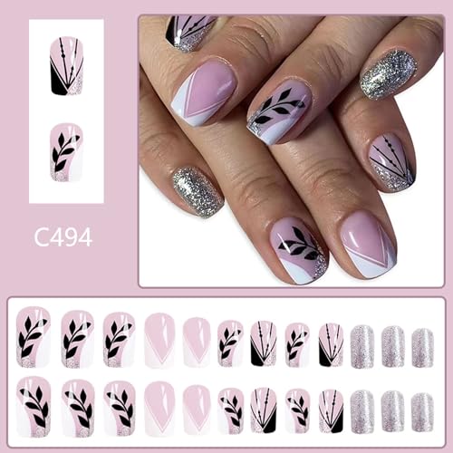 Short Press Square False Nails with Sfumato Designs - Pink Full Cover Glossy Fake Acrylic Artificial Nails - Gold Foil Stick On - 24 Pcs