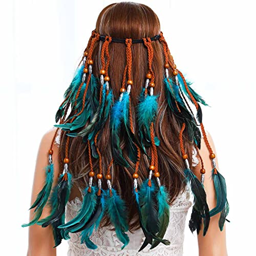 Gangel Hippe Feather Headband Gradient Blue Color Headpieces Boho Headbands Gypsy Hairband Feather Tassel Headdress Hemp Rope for Festival Masquerades Carnival Costume Hair Accessory for Women