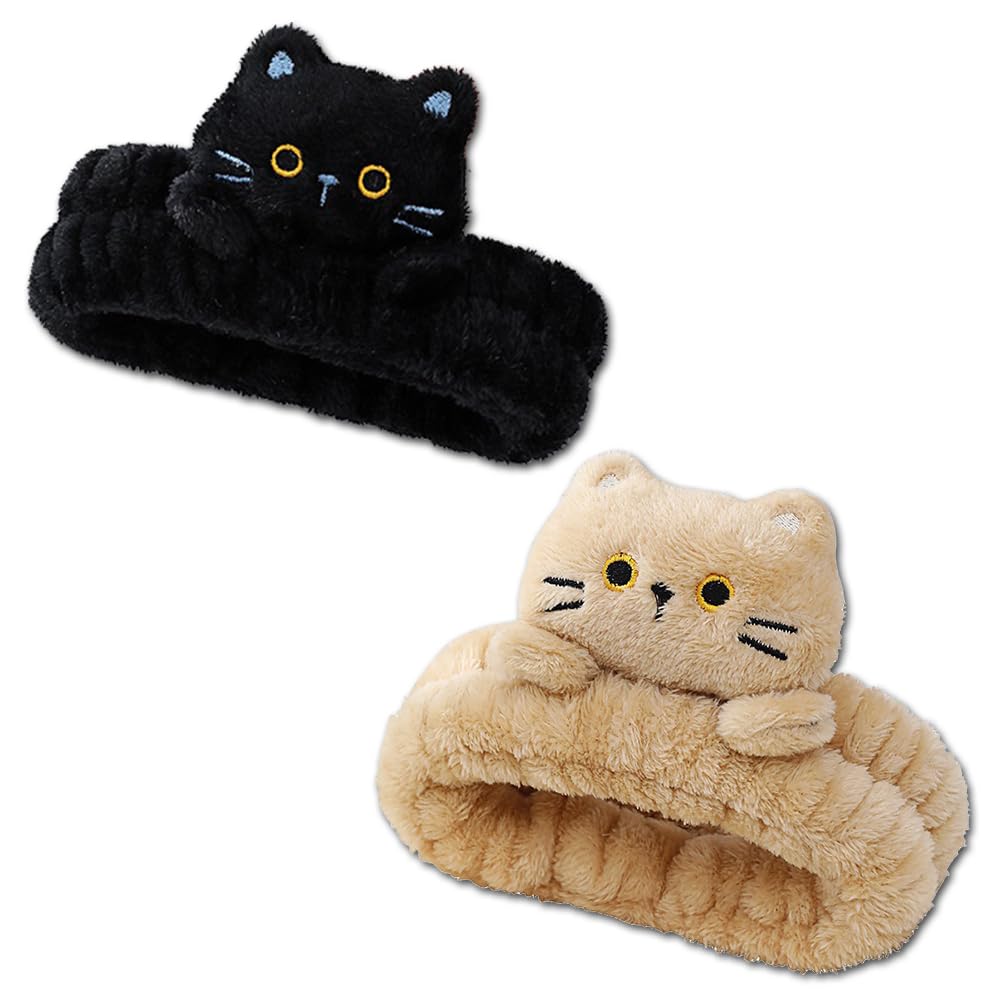 PERFECTSIGHT Spa Headband for Washing Face, 2 Pack Cute Hair Band for Shower Yoga Beauty Skincar Party, Soft Fluffy Makeup Headband, Kawaii Facial Headbands for Woman Girls, Kitty